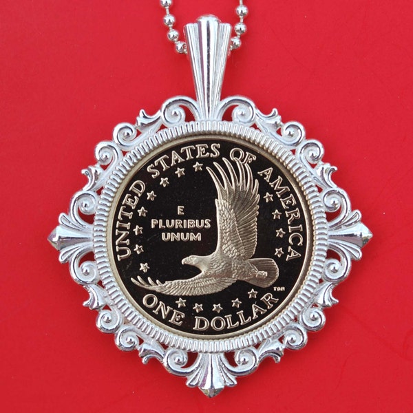 US 2000 ~ 2008 Native American Sacagawea Dollar Gem Proof Coin Solid 925 Sterling Silver Necklace NEW