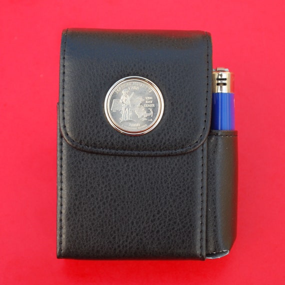 2000 State Quarter PU Leather Stainless Steel Cigarette Case Lighter Holder  - Virginia, Maryland, Massachusetts,south Carolina,new Hampshire