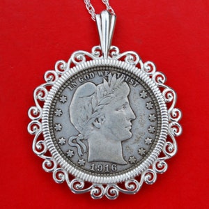 US 1916 Barber Quarter 90% Silver Coin Solid 925 Sterling Silver Necklace NEW