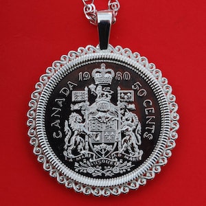Canada 1980 Half Dollar 50 Cent Proof Uncirculated Coin 925 Sterling Silver Necklace - The Royal Coat of Arms of Canada