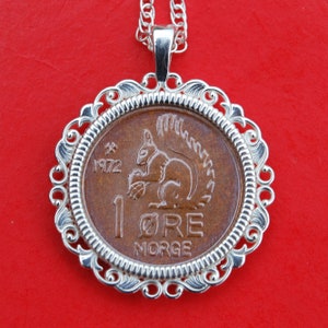1972 Norway 1 Ore BU Uncirculated Coin 925 Sterling Silver Necklace NEW - Squirrel