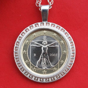 2002 Italy One Euro BU Unc Coin Solid 925 Sterling Silver Necklace NEW - Human Body Drawing by Leonardo da Vinci
