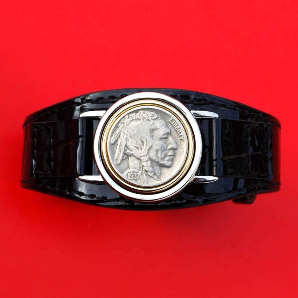 US 1937 Indian Head Buffalo Nickel Coin Magnetic Golf Ball Marker Black PU Faux Leather Golf Bracelet