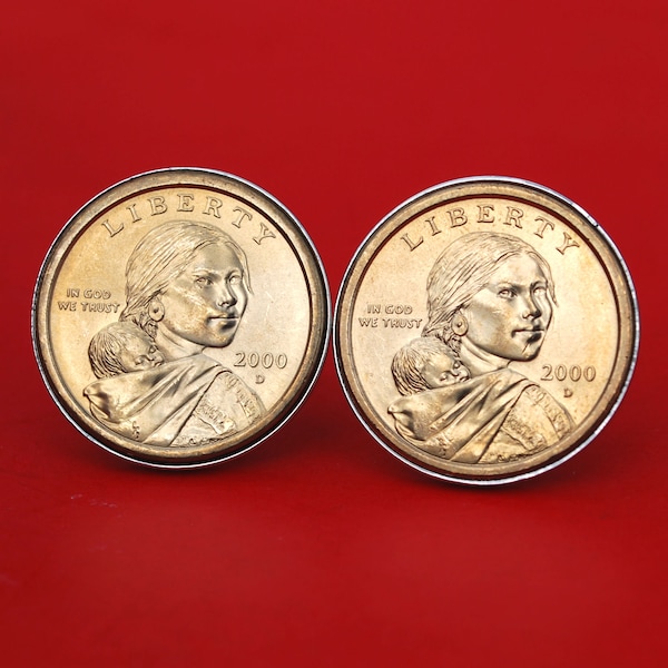 US 2000 ~ 2008 Sacagawea Dollar BU Unc Coin Silver Plated Cufflinks NEW - Sacagawea and Her Infant Son Obverse