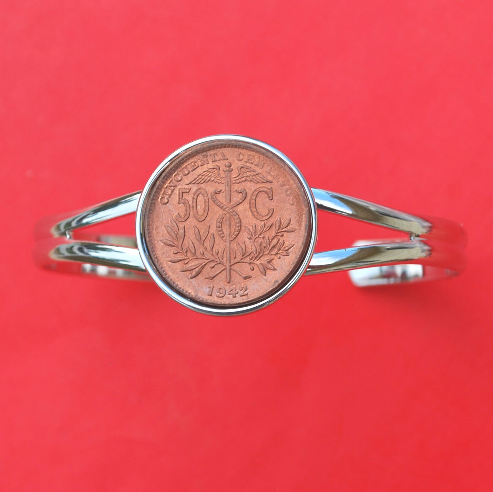 ボリビア 1942年 50センタボ硬貨 銀メッキ カフブレスレット - 翼を