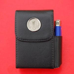 1928 ~ 1969 Ireland 6 Pence Coin Black PU Leather Wrapped Stainless Steel Cigarette Case with Pouch Lighter Holder - Irish Harp