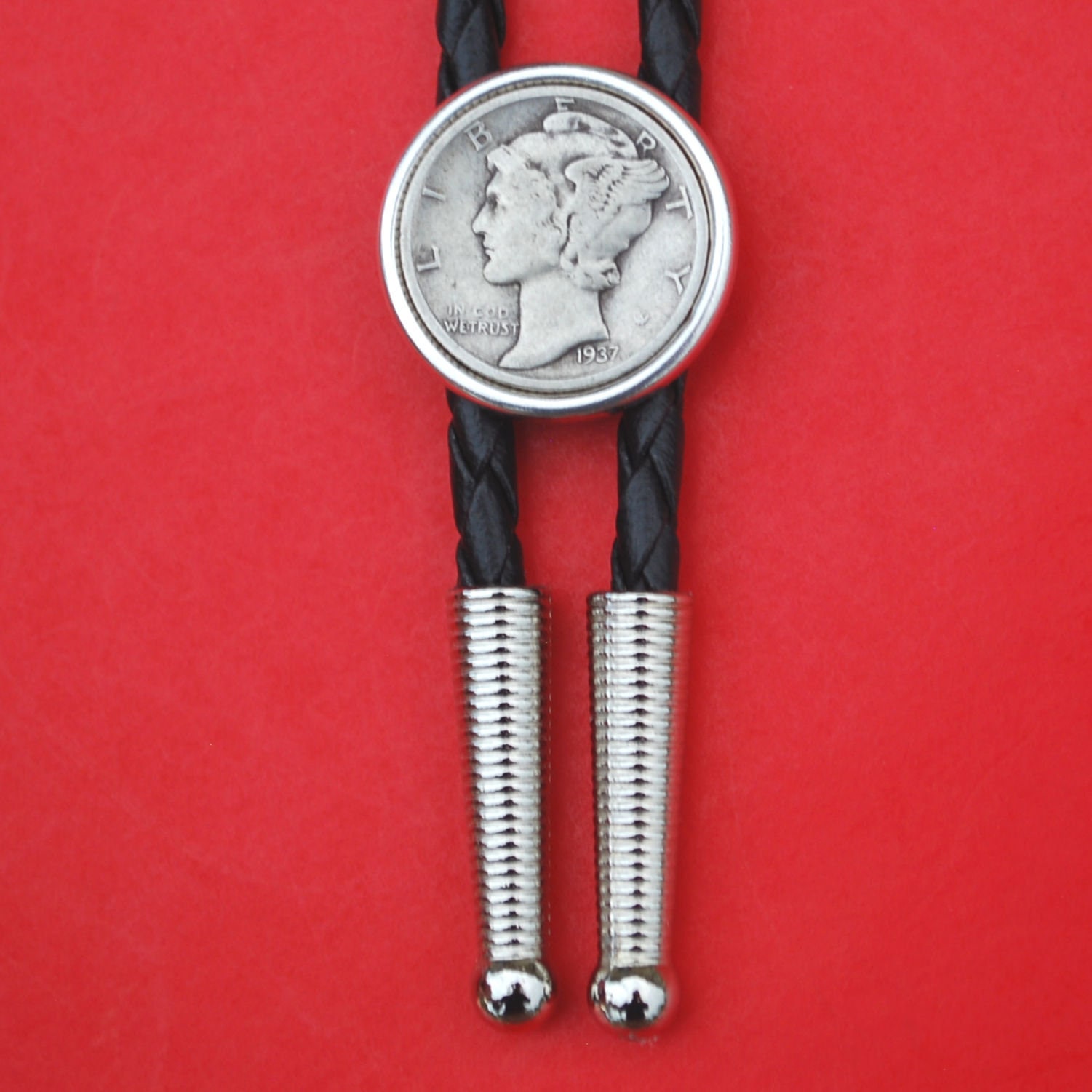 US 1916 ~ 1945 Mercury Dime 90% Silver 10 Cent Coin Simple Slide 36" Black Leatherette Cord Bolo Tie NEW