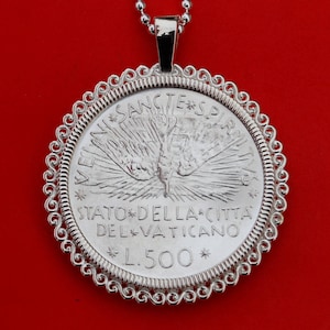 1978 Vatican  500 Lire Sede Vacante BU Uncirculated 83.5% Silver Coin 925 Sterling Silver Necklace NEW - Descending Stylized Dove