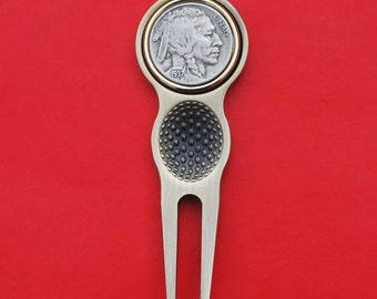 US 1937 Indian Head Buffalo Nickel Coin Magnetic Golf Ball Marker Divot Tool - Showing Indian Head