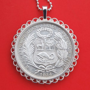 1934 Peru Un Sol 50% Silver Coin 925 Sterling Silver Necklace NEW - National Arms