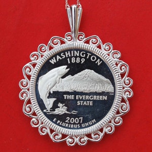 US 2007 Washington State Quarter 90% Silver Proof Coin Solid 925 Sterling Silver Necklace w. 18&quot; Sterling Silver Chain NEW