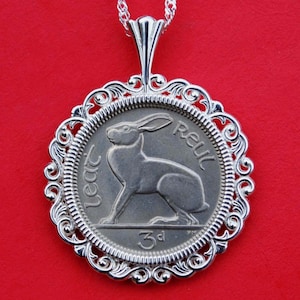 1968 Irish Ireland 3 Pence Hare Rabbit BU Uncirculated Coin Solid 925 Sterling Silver Necklace 18&quot; Chain