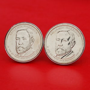 US 2012 Presidential Dollar BU Uncirculated Coin Silver Plated Cufflinks NEW -  Benjamin Harrison ( 1889−1893 Years Served ) Obverses