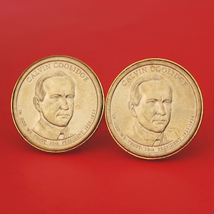 US 2014 Presidential Dollar BU Uncirculated Coin Gold Plated Cufflinks NEW -  Calvin Coolidge (1923-1929 Years Served) Obverses