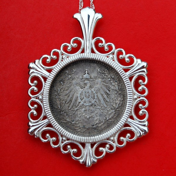 1905 ~ 1919 Germany Empire 1/2 Mark 90% Silver Coin Sterling Silver Necklace NEW - Crowned Imperial Eagle w. Shield on Breast within Wreath