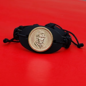 US 2009 Presidential Dollar BU Coin Genuine Black Leather Cuff Bangle Wristband Bracelet NEW - William Henry Harrison (1841 Year Served)
