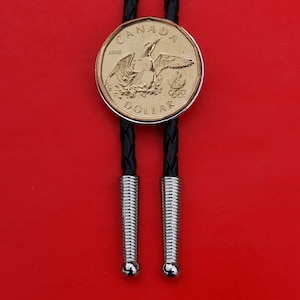 2008 Canada One Dollar BU Uncirculated Coin Simple Slide 36&quot; black Leatherette Cord Silver Bolo Tie NEW - Lucky Loonie