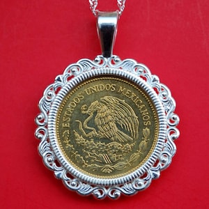 1988 Mexico 5 Pesos National Arms Eagle Snake BU Uncirculated Coin 925 Sterling Silver Necklace NEW