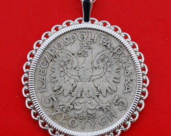 1933 Pologne Argent 5 ZYLOTE Pièce 925 Collier en argent sterling NOUVEAU - Aigle