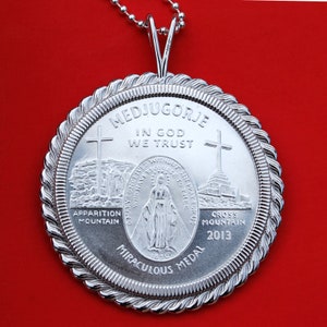 2015 Medjugorje Apparitions Of Mary 1 oz .999 Pure Silver Queen of Peace Miraculous BU Unc Medal Coin Solid 925 Sterling Silver Necklace NEW