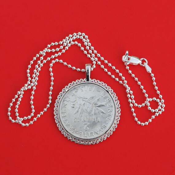 1915年フランス2フラン84%銀貨925スターリングシルバーネックレス - 種