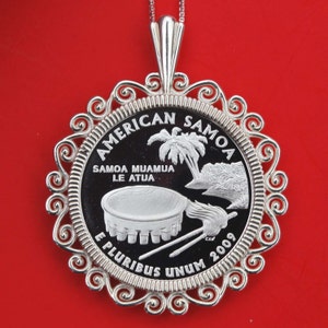 2009 American Samoa - DC & US Territories Quarter 90% Silver Proof Coin Soild 925 Sterling Silver Necklace NEW