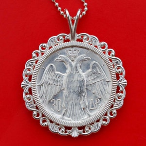 Greece 1964 30 Drachma 83.5% Silver BU Unc Coin Royal Wedding King Soild 925 Sterling Silver Necklace w. 24&quot; Sterling Silver Chain NEW