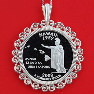 US 2008 Hawaii State Quarter 90% Silver Proof Coin Solid 925 Sterling Silver Necklace w. 18&quot; Sterling Silver Chain NEW