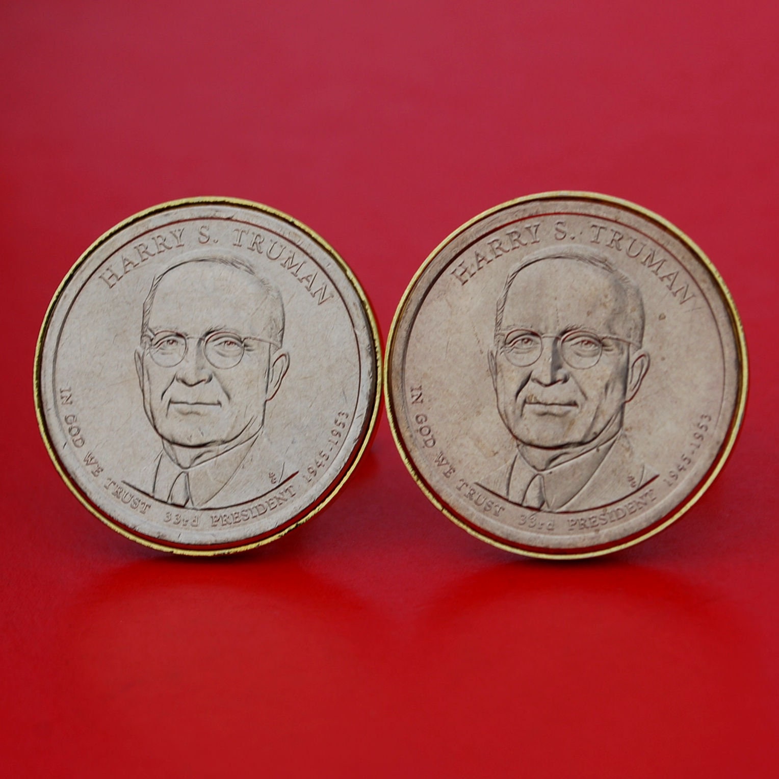 US 2015 Presidential Dollar BU Uncirculated Coin Gold Plated Cufflinks NEW - Harry S. Truman (1945-1953 Years Served) Obverses