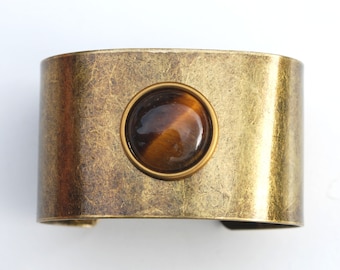 Gorgeous Tiger Eye Cabochon Solid Brass Antique Finish Cuff Bracelet NEW