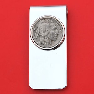 US 1938 Indian Head Buffalo Nickel 5 Cent Coin Solid Brass Silver Plated Money Clip New - High Quality