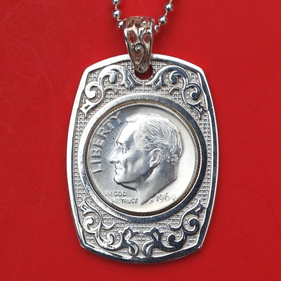 Handcrafted Coin pendant necklace 1946-1963 Roosevelt  Dime 90% Sterling SILVER 