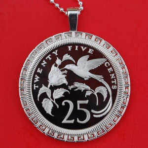 1973 Jamaica 25 Cents Gem BU Uncirculated Proof Coin Solid 925 Sterling Silver Necklace NEW - Streamer Tailed Hummingbird