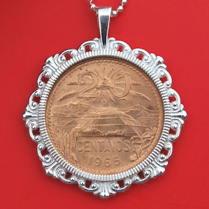 1965 Mexico 20 Centavos BU Uncirculated Coin Solid 925 Sterling Silver Necklace NEW - Pyramid of the Sun at Teotihuacan