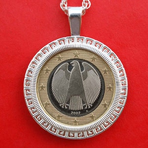 2002 Germany One Euro BU Unc Coin Solid 925 Sterling Silver Necklace NEW - Stylized Eagle