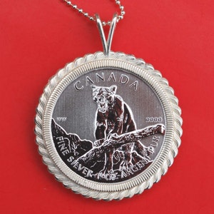 2012 Canada .9999 Fine Silver 1 Oz Argent Pur 5 Dollars Wildlife Bullion Coin Solid 925 Sterling Silver Necklace NEW - Cougar