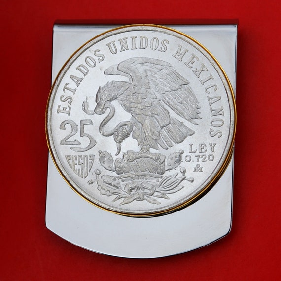 Wide Design National Arms Eagle on Cactus 1968 Mexico Olympic 25 Pesos Silver Coin Ley .720 Silver Coin 925 Sterling Silver Necklace NEW
