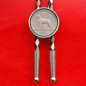 1928~1969 Irish Ireland 6 Pence Wolfhound Greyhound Dog Coin 36&quot; Leatherette Cord Silver Bolo Tie NEW