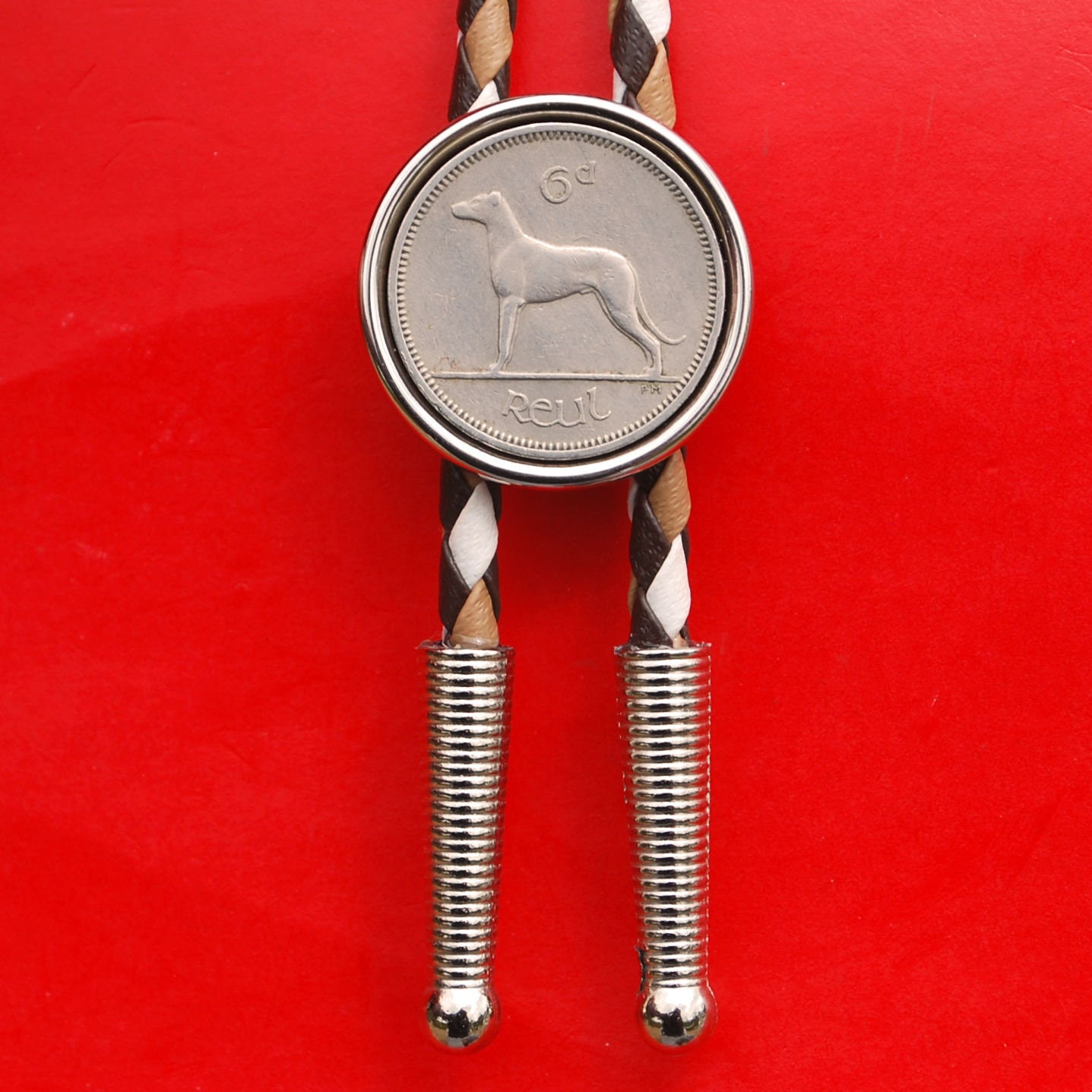 1928~1969 Irish Ireland 6 Pence Wolfhound Greyhound Dog Coin 36" Leatherette Cord Silver Bolo Tie NEW