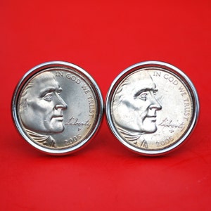 US 2005 Jefferson Nickel BU Uncirculated Coin Silver Plated Cufflinks NEW