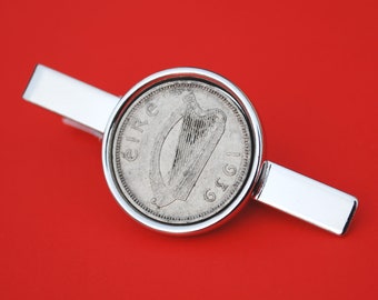 1939 ~ 1969 Irish Ireland 6 Pence Coin Silver Plated Tie Clip Bar Pin NEW - Irish Harp