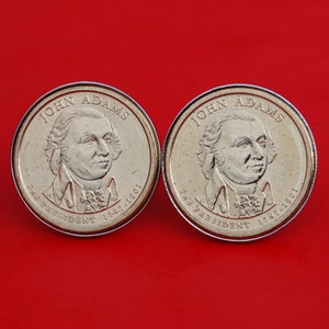 US 2007 Presidential Dollar BU Uncirculated Coin Silver Plated Cufflinks NEW - John Adams ( 1797 ~ 1801  Years Served ) Obverse