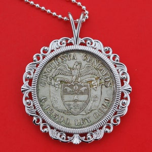 1934 Colombia 50 Centavos 90% Silver Coin 925 Sterling Necklace - National Arms
