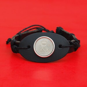 1973 Denmark 10 Ore BU Uncirculated Coin Genuine Black Leather Cuff Bangle Wristband Bracelet NEW - Crowned MIIR Monogram