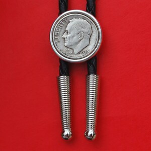 US 1949 Roosevelt Dime 90% Silver 10 Cent Coin Simple Slide 36" Black Leatherette Cord Bolo Tie NEW