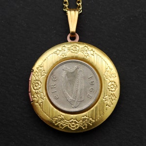 1928 ~ 1968 Irish Ireland 3 Pence Coin Solid Brass Locket w. 18&quot; Gold Plated Chain - Harp