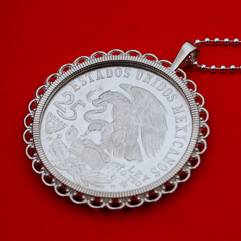 Wide Design National Arms Eagle on Cactus 1968 Mexico Olympic 25 Pesos Silver Coin Ley .720 Silver Coin 925 Sterling Silver Necklace NEW
