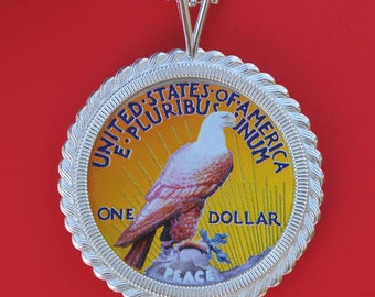 US 1922 Colorized Peace Dollar 90% Silver Coin Solid 925 Sterling Silver Necklace NEW