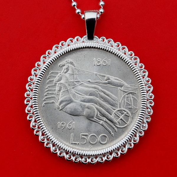 1961 Italy Unification Centennial 500 Lire 83.5% Silver Coin 925 Sterling Silver Necklace NEW - Showing Reverse Quadriga