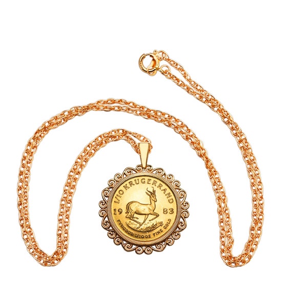 1983 South Africa 1 10 oz gold krugerrand BU Uncirculated Coin Necklace New 14K Solid Yellow Gold Bezel and 14K Solid Yellow Gold Chain